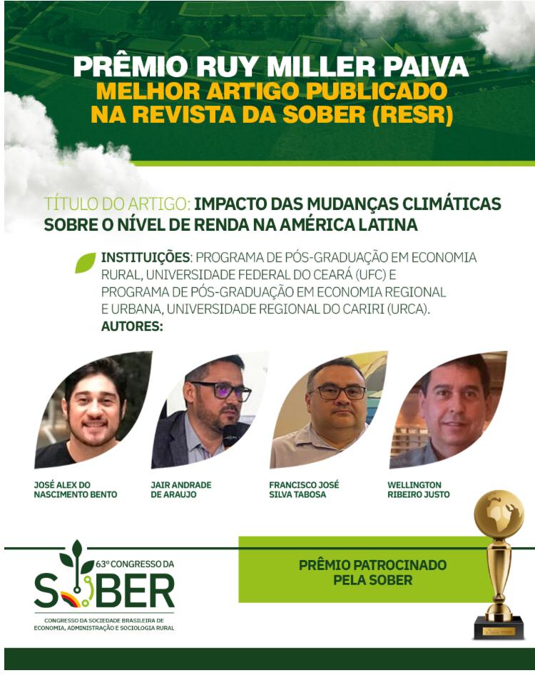 Artigo de pesquisadores do DEA e do PPGER/UFC é premiado pela SOBER